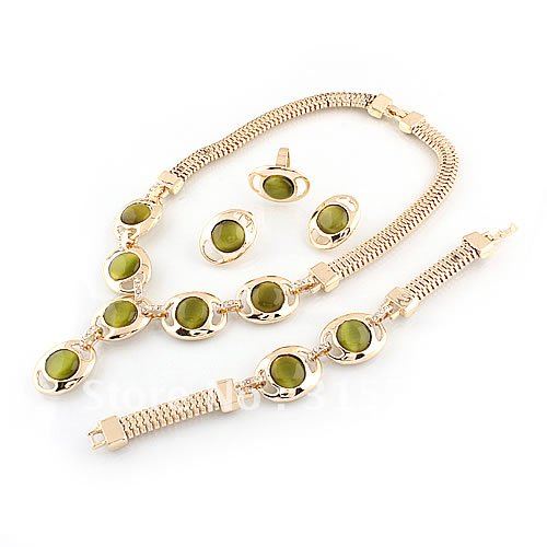 Green & Gold Plated Necklace & Earring & Bracelets & Ring Zinc Alloy Jewelry