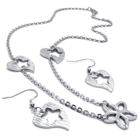 Silver With Heart Shape Necklace & Earrings Stainless Steel Jewelry