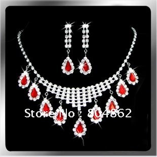 With Red Gem Oval Shape Necklace & Earrings Acrylic Jewelry