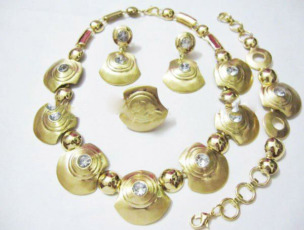 Golden With Gemstones Necklace & Earrings & Bracelet Copper Alloy Jewelry