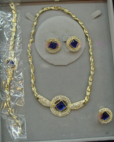 Blue Gem With Crystal Necklace & Bracelet & Earring & Ring Copper Alloy Jewelry