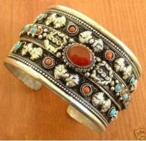 Silver With Red Jade Carved Bracelets & Bangles