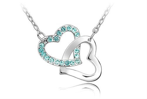 Silver Double Heart Shape With Green Diamond Necklaces