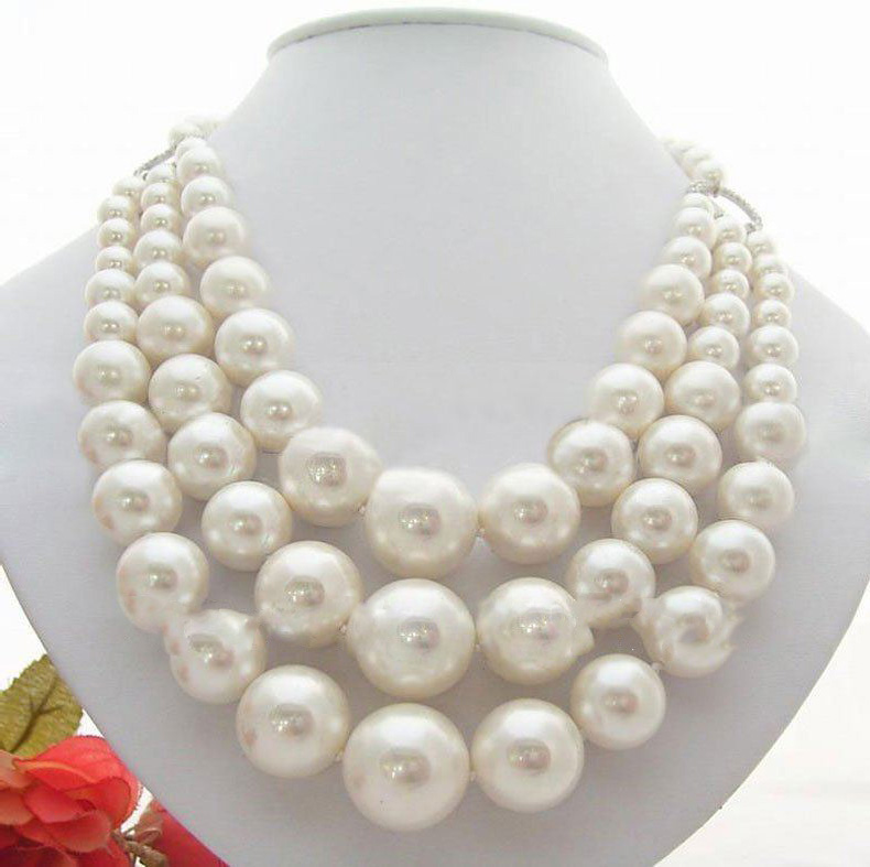 Three Rows White Sea Shell Pearl Necklace