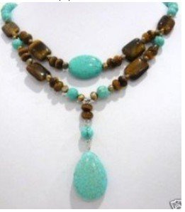 Two Row Blue Turquoise With Tiger Eye Stone Pendants & Charms