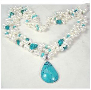 3 Rows White Pearl & Turquoise Necklace Pendants & Charms