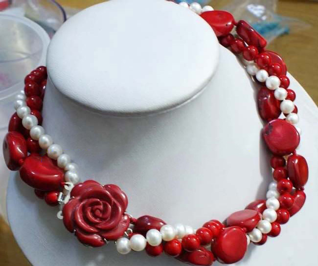 Red Coral White Pearl Necklace Flower Clasp Pendants & Charms