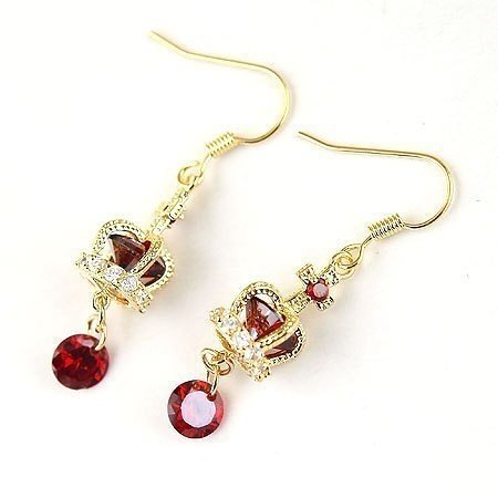 Golden Crown Shape With Red Crystal Body Earrings